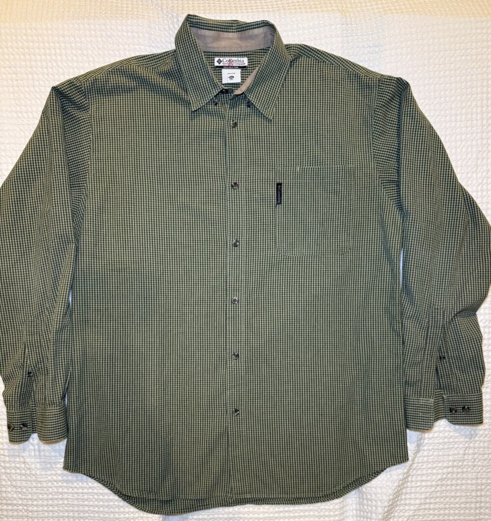 Columbia Men’s XXL Long Sleeve Button Down Shirt Green Plaid Check 100% Cotton